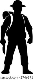 Silhouette of survivor with backpack and axe. Ideal for survival, adventure, outdoor, and emergency themed designs.