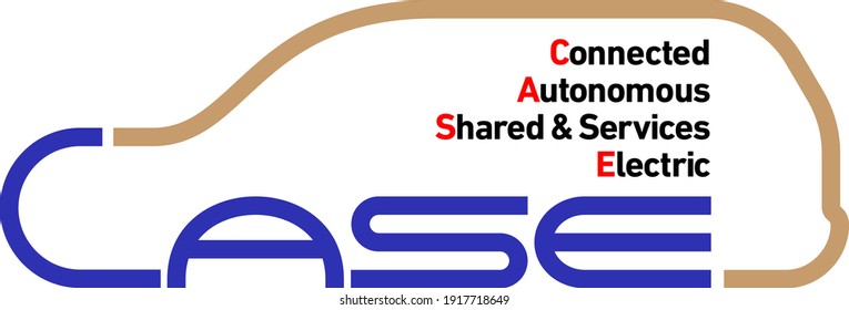 The silhouette of the SUV is drawn using the letters "CASE" in part. Inside is the words "Connected, Autonomous, Shared, Services, Electric". Created with vector data. 