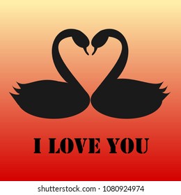Silhouette of swan couple by background in pink tone. Symbol of love. Vector. By there is a word as " I love you". 