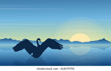 Silhouette of swan in the lake at sunrise landscape vector art