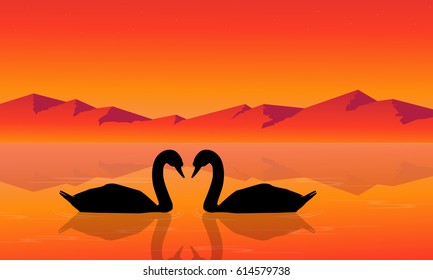 Silhouette of swan with mountain background scenery vector