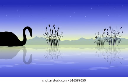 Silhouette of swan on lake style collection scenery vector