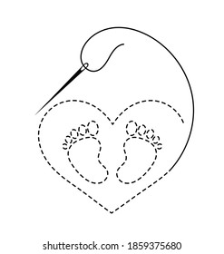 Silhouette of swan or stork formed from embroidered heart, thread and sewing needle and baby feet. Black isolated vector illustration of handmade work and creative occupation