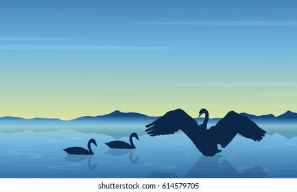 Silhouette of swan at sunrise landscape vector illustration
