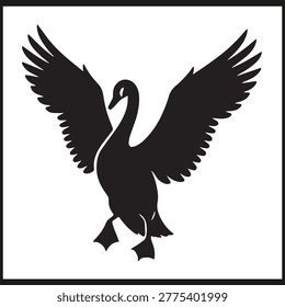 Silhouette of swan with wings fully extended upward inside rectangular frame