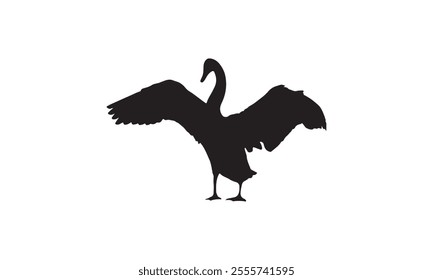 Silhouette of a swan with wings fully spread, standing against a plain white background. The bold, minimalistic design captures the elegance and grace of the bird.