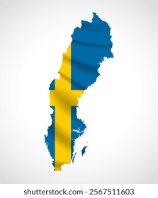 Silhouette of Sweden map filled with the Swedish flag design, symbolizing national pride, cultural heritage, and geographic identity.  
