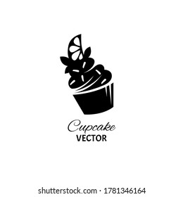 Silhouette of sweet cupcake with lemon and leaves of mint on the top. Vector logo illustration on isolated background