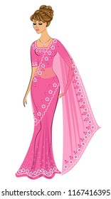 Silhouette is a sweet lady. The girl is dressed in a pink sari, traditional Indian national clothes. Young and beautiful woman. Vector illustration.