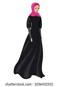 Silhouette of a sweet lady. The girl wears traditional Muslim women's clothing, hijab. A young and beautiful woman. Vector illustration.
