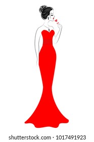 Silhouette of a sweet lady in a red dress. A girl is eating candy, a red lollipop in the shape of a heart. A gift for Valentine's Day. Vector illustration.