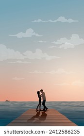 Silhouette of sweetheart embracing on the wooden pier have tropical blue sea and vanilla sky background vector illustration. Couple's journey concept flat design vertical shape have blank space.