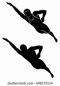 silhouette of a swimmer , black and white drawing, white background