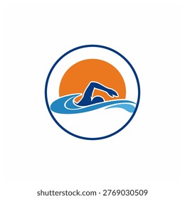 Silhouette swimmer cutting through blue waves against an orange sunset circle. Ideal for swim teams, aquatic fitness, beach branding, water sports events, coaching and summer leisure imagery.