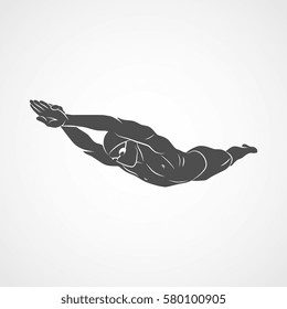 Silhouette un nadador se sumerge en el agua sobre un fondo blanco. Ilustración vectorial.