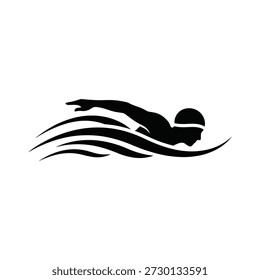 Silhouette of a swimmer in motion gliding through stylized waves in minimalist design