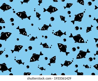 Pescado de silueta nadando en el mar azul. Patrón veloz.