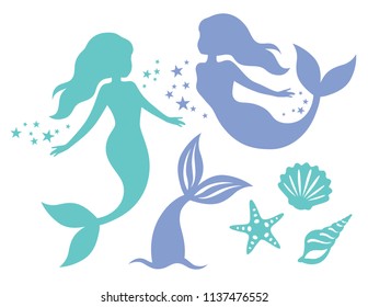 Silhouette of swimming mermaids, mermaid tail, shells and starfish vector illustration.
