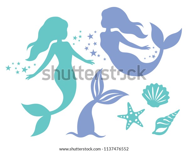 Silhouette Swimming Mermaids Mermaid Tail Shells のベクター画像素材 ロイヤリティフリー