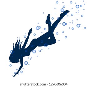 Silhouette of swimming woman surrounded by bubbles on white background