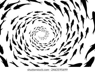 Silhouette of a swirling school of fish