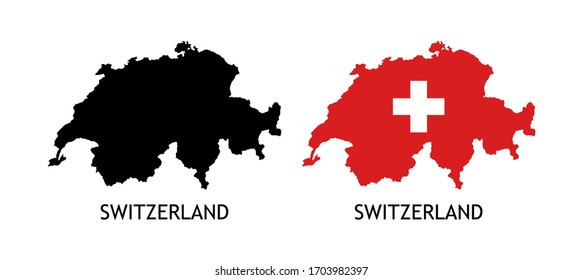 Silhouette of Switzerland black color and colored in National Flag - Vector illustrations isolated on white