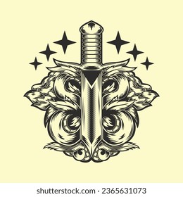 Silhouette sword with snake design vector