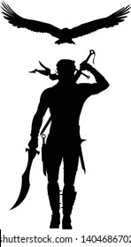 Silhouette Sword Warrior Man Walking With Flying Eagle Vector Illustration