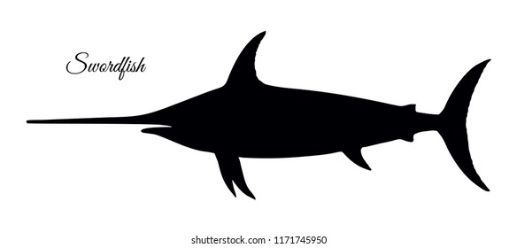 Silhouette of swordfish. Hand drawn vector illustration isolated on white background. Retro style.