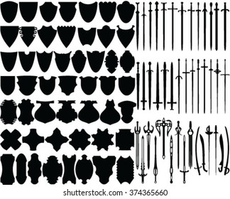 Silhouette of swords and shields, vector, background, isolated