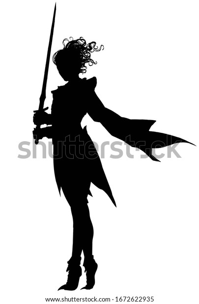 強風に立ち 髪をひらひらさせ 外套を着た剣士のシルエットが 手に刀を持ち 優美な姿勢で立つ 2dイラスト のベクター画像素材 ロイヤリティフリー