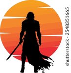 Silhouette of a Sword-wielding Warrior Standing Against a Vivid Orange Sunset, Evoking Themes of Bravery, Strength, and Epic Fantasy. Ideal for Adventure and Heroic Designs.