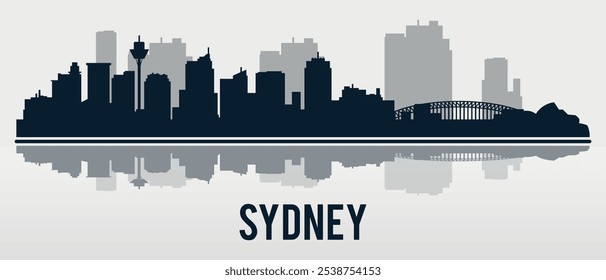 Silhouette of Sydney city skyline with reflection in the water. Vector on gray background