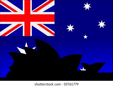 silhouette of Sydney on flag background