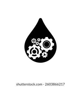 Silhouette symbol of oil industry drop symbol with gears cogs. Simple Illustration isolated on white background.