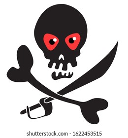 Silhouette symbol of piracy. Skull with bone and sword, black logo on a white background.  Vector stock image of danger.