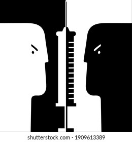 Silhouette symbol. syringe sticker. Injection forbidden. Anti vaccination. Stop vaccine. Negative space. Dilemma, controversy, pros and cons.