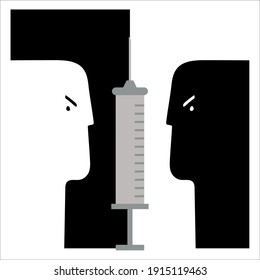 Silhouette symbol. syringe sticker. Injection forbidden. Anti vaccination. Stop vaccine. Negative space. Dilemma, controversy, pros and cons. Vector isolated illustration