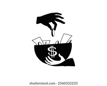 Silhouette symbolic vector illustration of generosity: a hand drops a coin into a bowl filled with money, representing acts of donation and kindness, encouraging support and care for those in need.