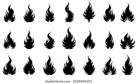 Silhouette symbols of fire and flames. Black icons for campfire flames in different shapes.