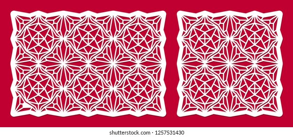 Silhouette symmetrical pattern. Ornamental square template for cutting exterior. Laser cut cabinet fretwork perforated geometrical panel. Metal, paper or wood carving design. Outdoor screen. Stencil.