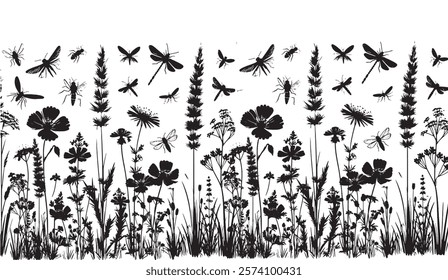 A Silhouette Symphony, Dragonflies, Flowers, and Insects in a Wildflower Meadow, a Black and White Minimalist Design