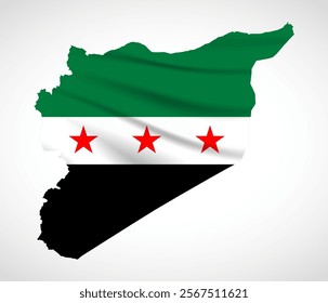 Silhouette of Syria map filled with the Syrian flag design, symbolizing national pride, cultural heritage, and geographic identity.  
