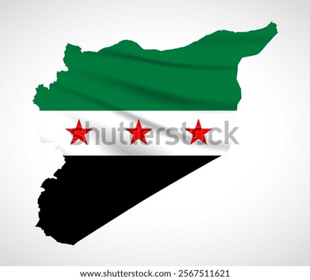 Silhouette of Syria map filled with the Syrian flag design, symbolizing national pride, cultural heritage, and geographic identity.  
