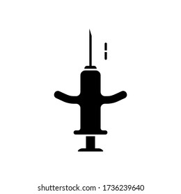Silhouette syringe with human microchip. Outline special equipment for implantation of chip under skin of person or animal. Flat isolated vector icon on white background. Identification method