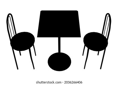 Silhouette aus einem Tisch und zwei Stühlen einzeln auf weißem Hintergrund. Vektorgrafik.