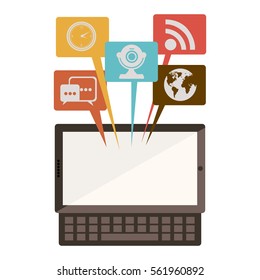 silhouette with tablet keyboard with icons dialogue of social networks