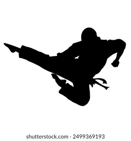 Silhouette of a taekwondo athlete performing the Twieo Ap Chagi kick or flying kick on a transparent background