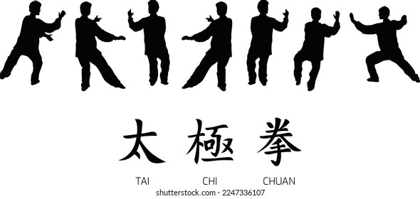 Silhouette tai chi chuan secuencia mueve la ilustración de artes marciales vector