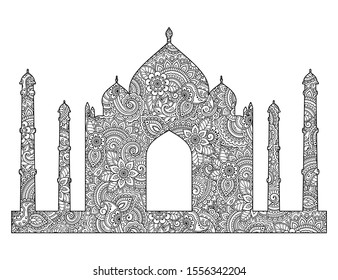 Silhouette of the Taj Mahal are filled with flowers in mehndi style. Islamic mausoleum in India. Muslim mosque architectural structure. Vector illustration. Coloring book page.